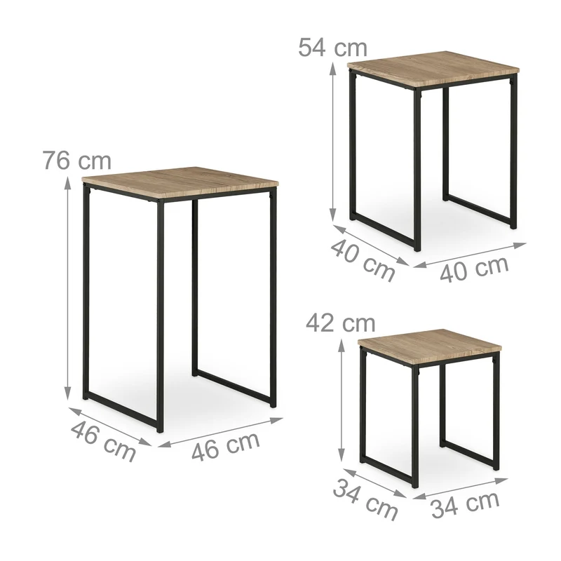 Lot de 3 tables d'appoint carrées superposables décoration moderne salon chambre 76 x 46 x 46 cm en métal noir 13_0015479