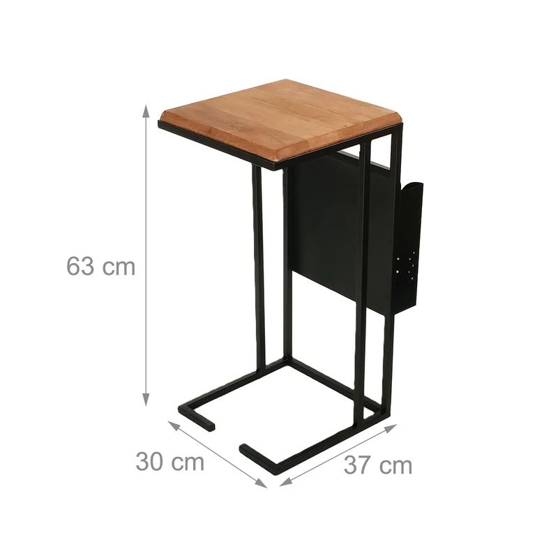 Table d'appoint design industriel forme en C 50 x 30 x 60 cm avec rangement pratique en bois massif noir 13_0017763