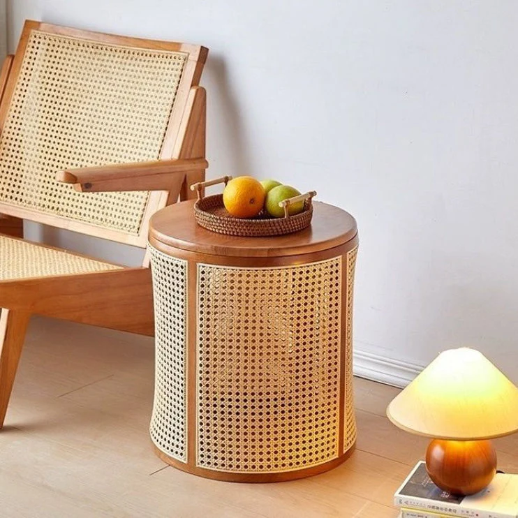 Traditional Japanese Weaving Round Cylinder Rubberwood Plastic Rattan End Table 1-Storage With Cover For Living Room