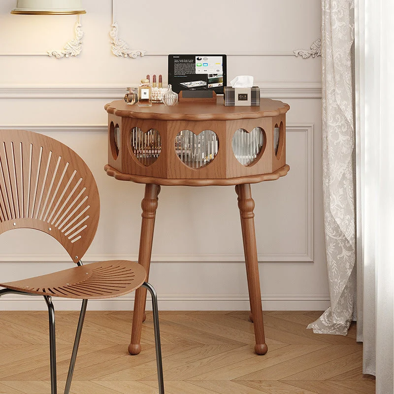 Traditional Vintage Flower Round Rubberwood Glass Plywood Makeup Vanity 1-Storage For Bedroom