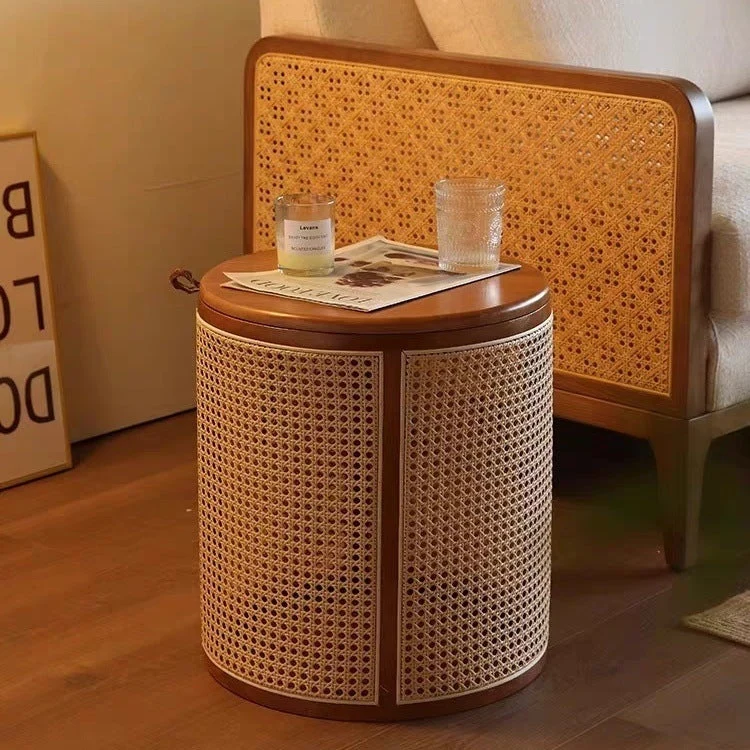 Traditional Japanese Cylinder Rubberwood Plastic Rattan End Table 1-Storage For Living Room