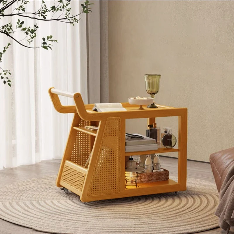 Traditional Farmhouse Weaving Rectangular Trolley Rubber Wood End Table 2-Tier For Living Room