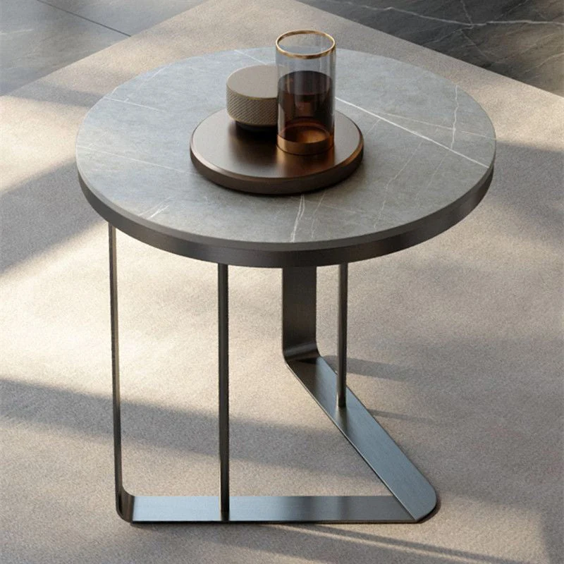 Modern Simplicity Round Triangle Base Rock Slab Stainless Steel End Table For Living Room