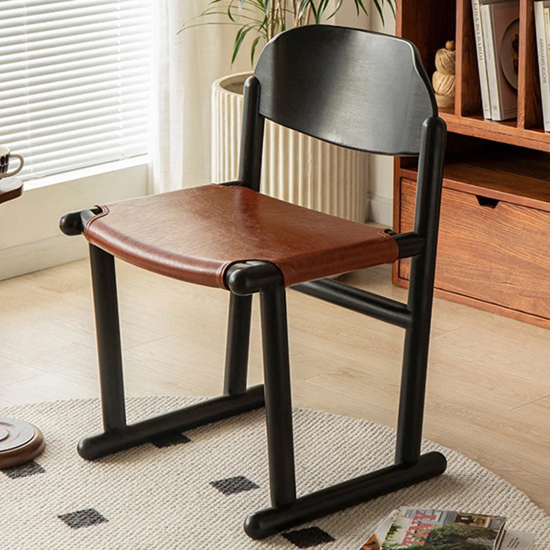 Traditional Vintage Square Oval Oiled Wax Leather Wood Dining Chair Backrest Armless For Dining Room