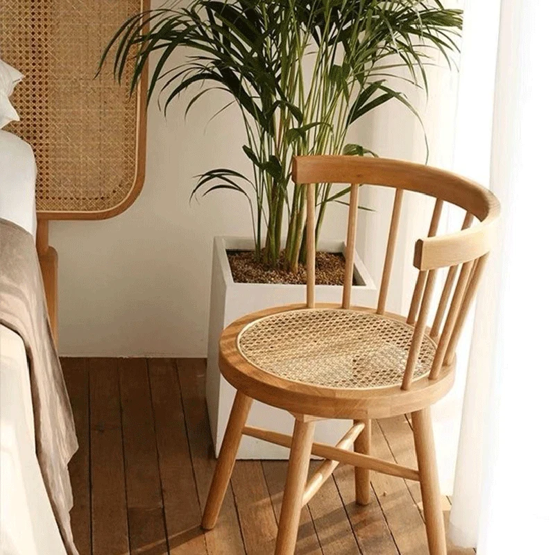 Traditional Chinese Bent Round Rattan Solid Wood Dining Chair Backrest Armless For Dining Room