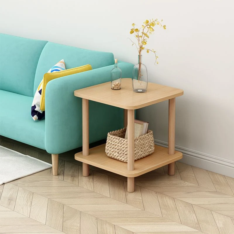 Traditional Japanese Square MDF Pine Wood End Table 2-Tier For Living Room