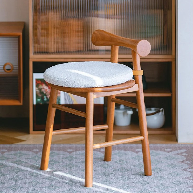 Modern Simplicity Rubberwood Sherpa Fabric Round Vanity Stool Backrest Footrest For Bedroom