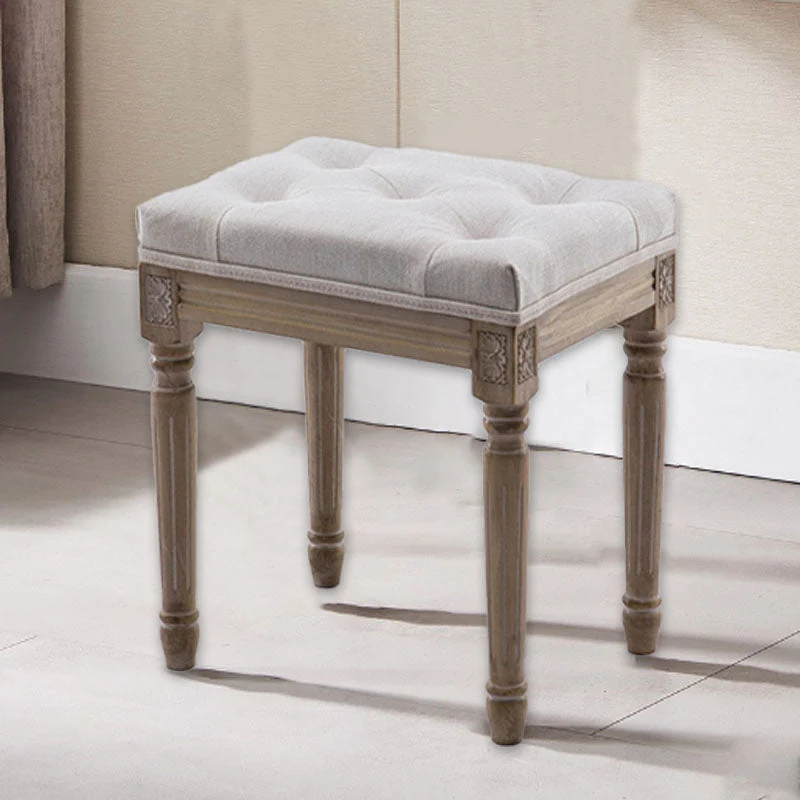 Traditional Vintage Rectangular Rubberwood Fabric Low Stool For Living Room