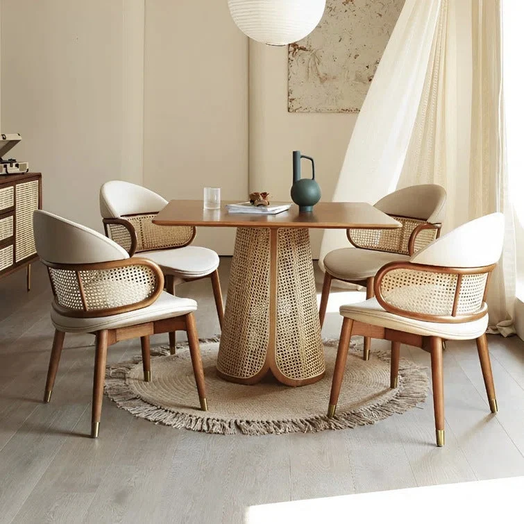 Contemporary Nordic Weaving Ash Wood Rattan Velvet Sponge Round Dining Chair Backrest For Dining Room