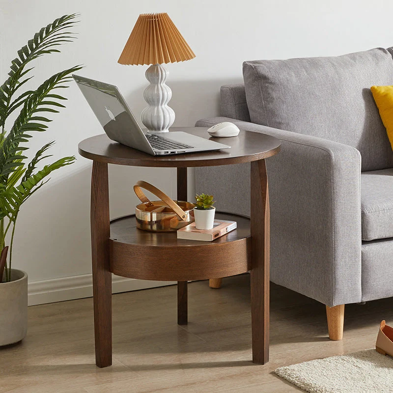 Contemporary Retro Antique Rubberwood Pine Wood Plywood Circular End Table 2-Tier Drawer For Living Room