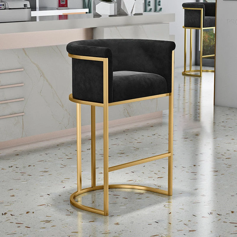 Contemporary Nordic Square Half Round Velvet Carbon Steel Bar Stool Backrest Armrest For Dining Room
