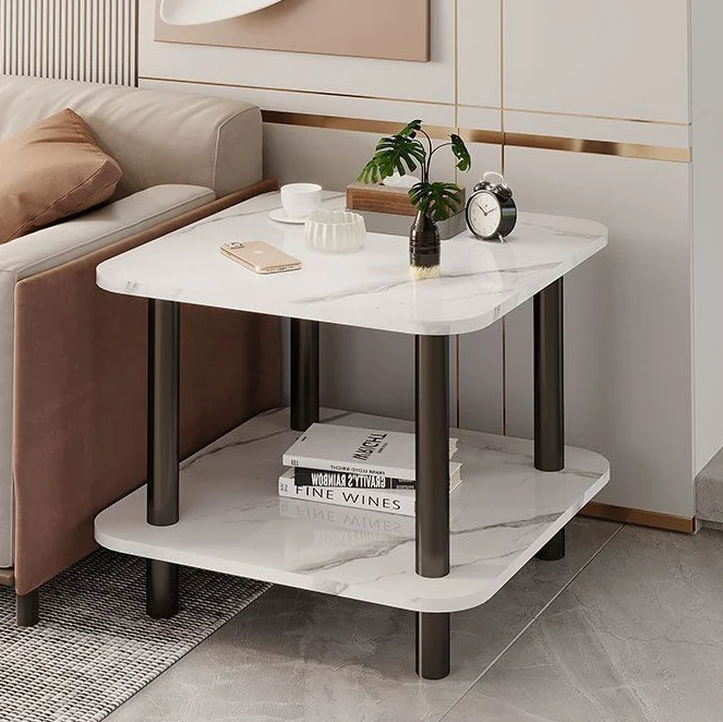Contemporary Scandinavian Square Cylinder Density Board Solid Wood End Table 2-Tier For Living Room