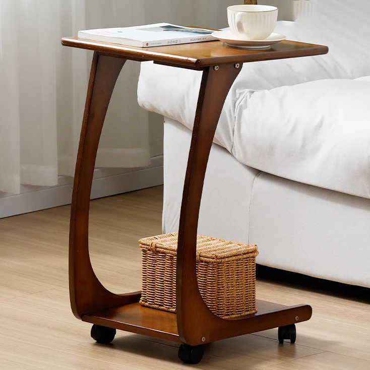 Modern Minimalist Rectangle C Shape Removable Bamboo Wood End Table 2-Tier For Living Room
