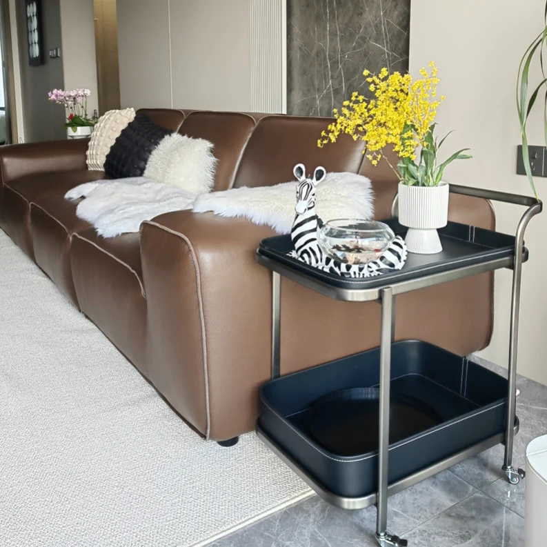 Modern Simplicity Saddle-Style Faux Leather Stainless Steel Rectangular Cart End Table 2-Tier Movable For Living Room