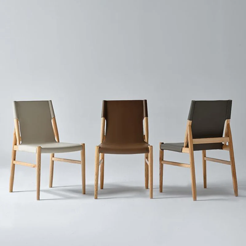 Modern Minimalist Rectangular Square Rubberwood Frame Saddle-Style Faux Leather Dining Chair Backrest For Dining Room