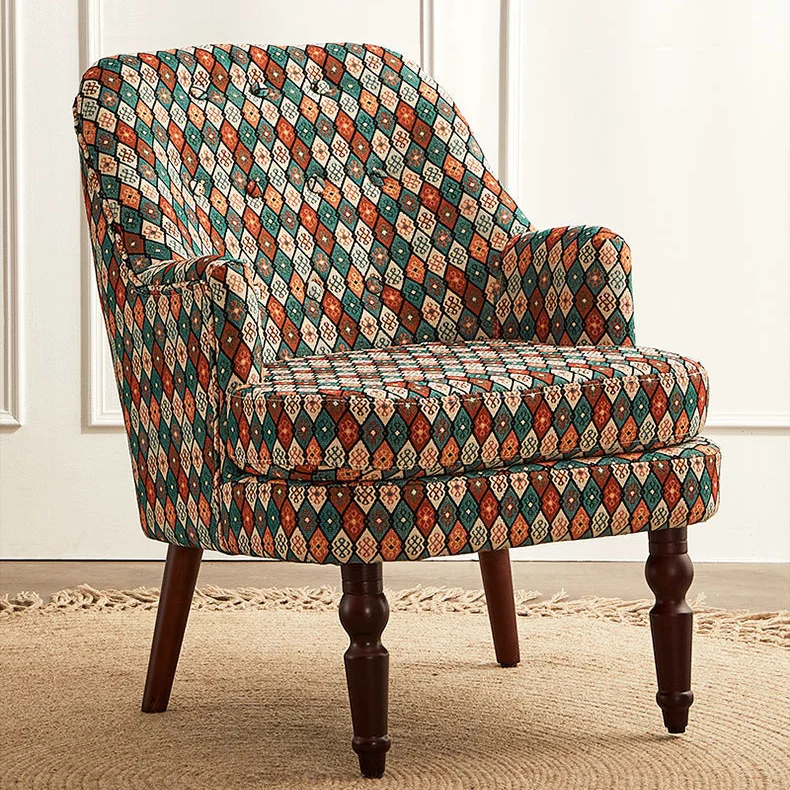 Traditional Vintage Square Cotton Linen Solid Wood Accent Chair Backrest Armrest For Living Room