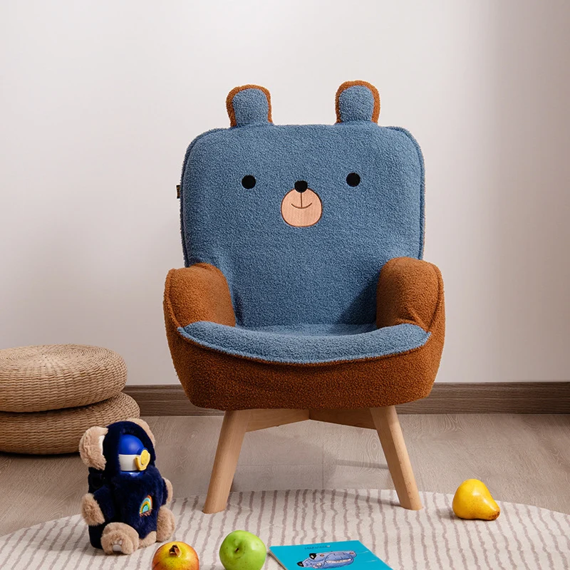 Contemporary Creative Cartoon Embroidery Teddy Velvet Beech Wood Kids Accent Chair Backrest Armrest For Living Room