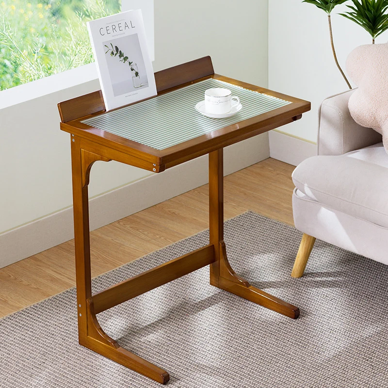 Modern Minimalist Rectangular Bamboo Glass Tabletop End Table For Living Room