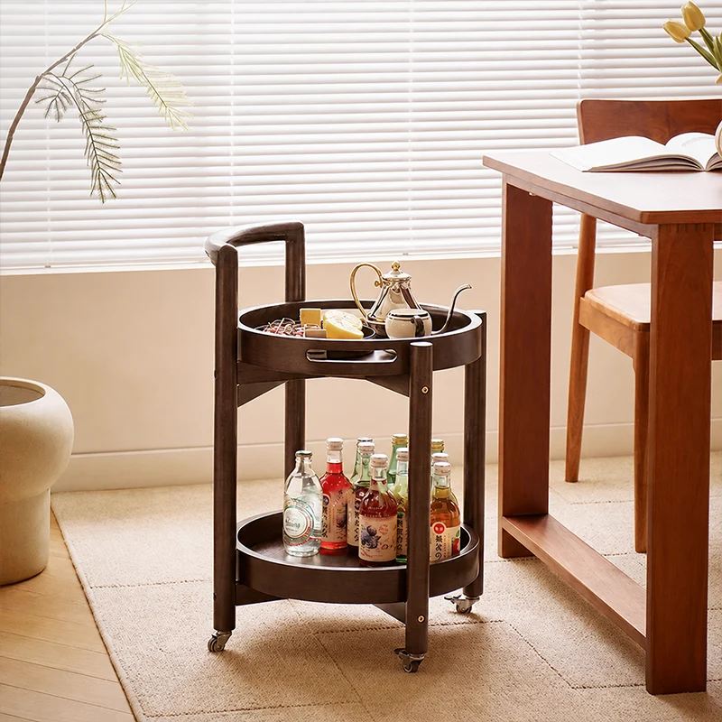 Traditional Vintage Round Rubberwood Tray Top End Table 2-Tier Rolling Cart For Living Room