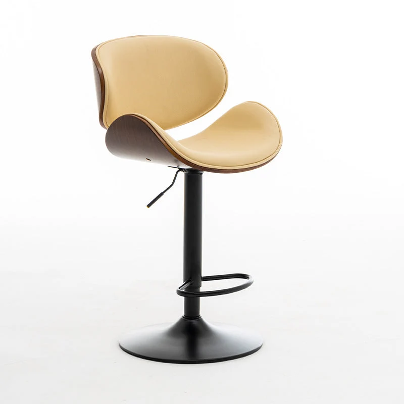 Modern Simplicity Curved Cowhide Leather Contact Surface Poplar Wood Height Adjustable Bar Stool Backrest Footrest For Dining Room