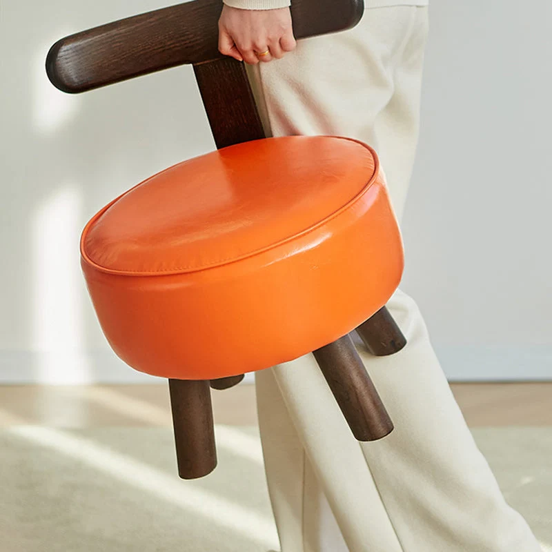 Contemporary Creative Round Faux Oil-Wax Leather Rubberwood Pine Footstool Backrest Armless For Living Room