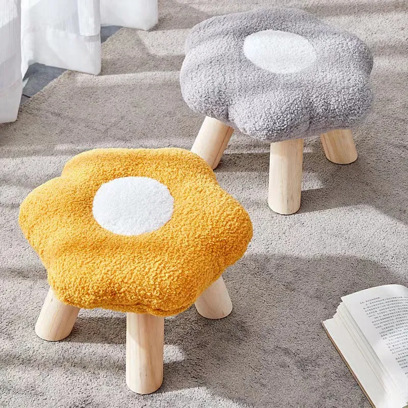 Contemporary Creative Wood Sherpa Fabric Cotton Flower Footstool Backless For Entryway
