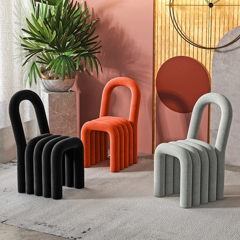 Contemporary Creative Rectangular Cylindrical Curved Shaped Iron Sherpa Fabric Vanity Stool For Bedroom