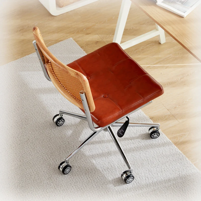 Contemporary Retro Weaving Rattan PU Leather Steel Alloy Liftable Square Desk Chair Backrest For Home Office