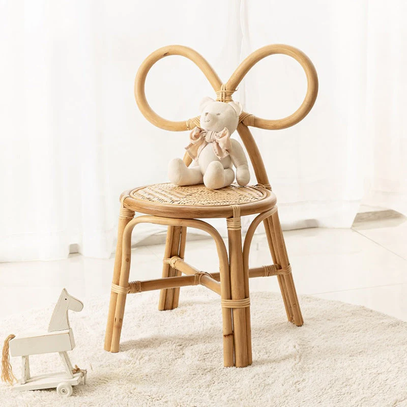 Traditional Japanese Round Rattan Weaving Footstool Kids Backrest Chair For Entryways