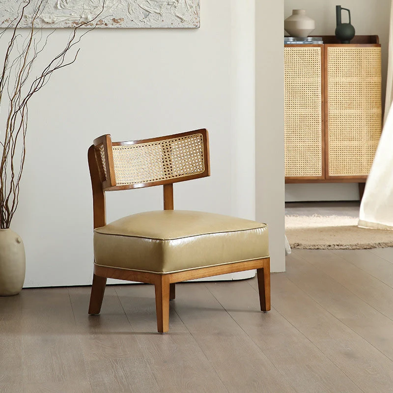 Contemporary Nordic Square Curved Ash Wood & Plywood Rattan Microfiber Leather Accent Chair Backrest For Living Room
