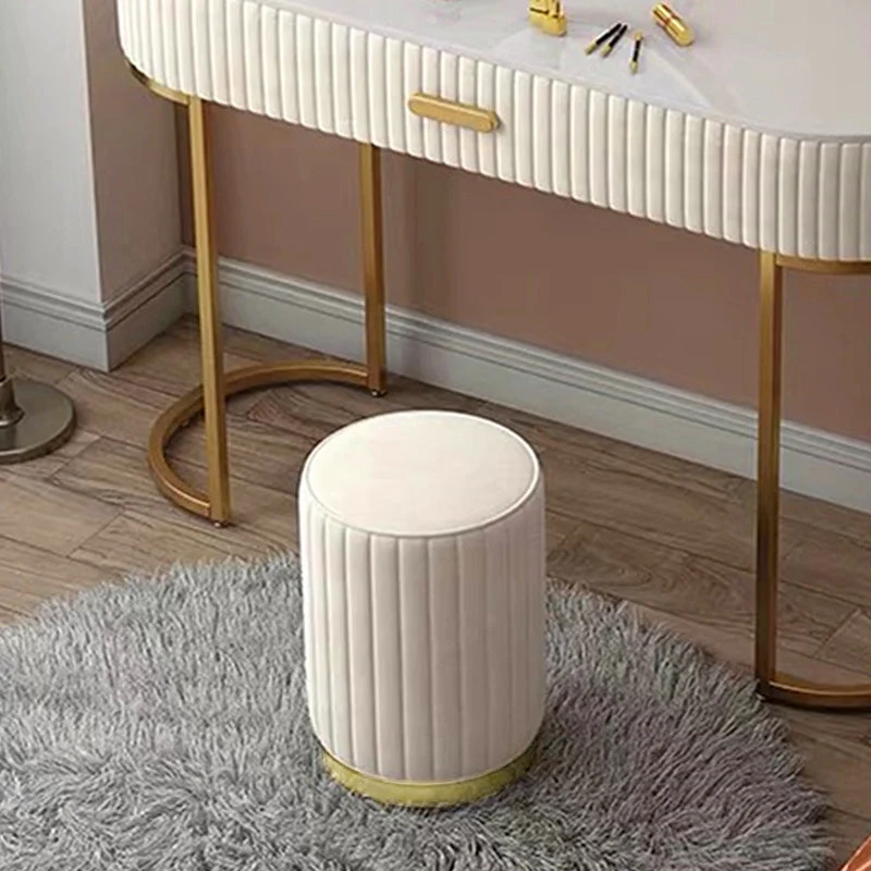 Modern Minimalist Round Velvet Top Iron Plywood Base Vanity Stool For Bedroom
