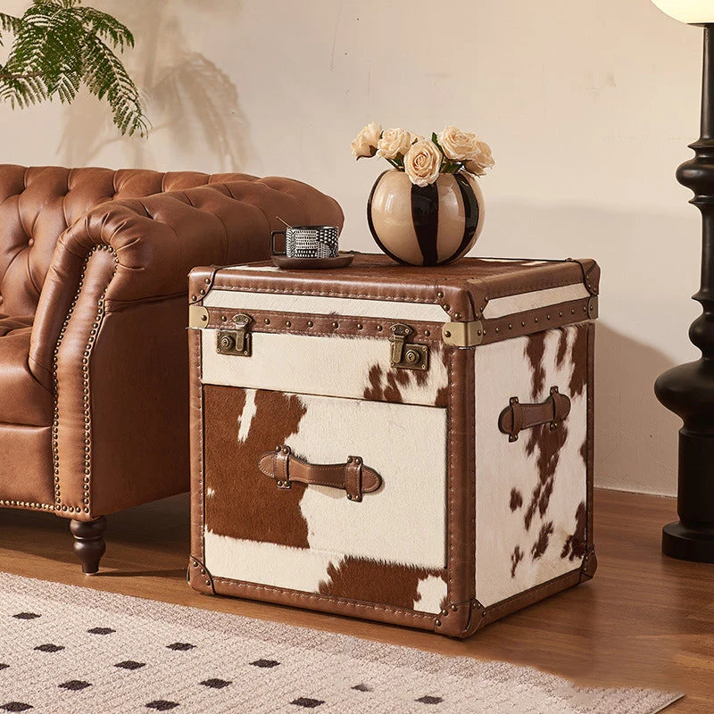 Traditional Vintage Cow Square Oil Wax Leather Cowhide Leather Contact Surface Veneer End Table 2-Tier For Living Room
