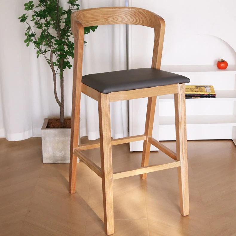Contemporary Nordic Square Curved Faux Leather Rubberwood Bar Stool Backrest Footrest For Dining Room