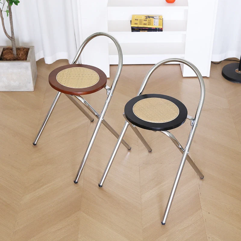 Traditional Vintage Round Rubberwood Faux Rattan Stainless Steel Weaving Dining Chair Folding Backrest For Dining Room
