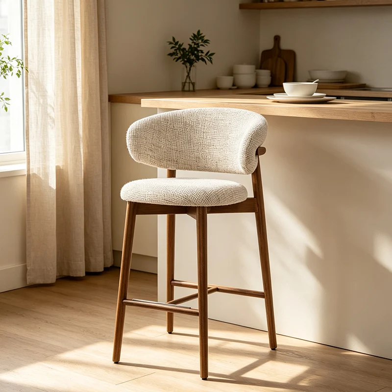 Contemporary Nordic Round Linen Ash Wood Bar Stool Backrest Footrest For Dining Room