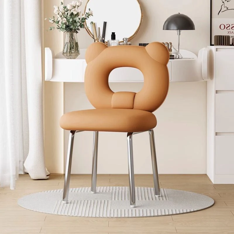Contemporary Scandinavian Faux Leather Upholstered Metal Legs Vanity Stool Bear Back For Living Room