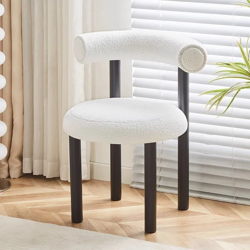 Contemporary Nordic Round Sherpa Fabric Iron Vanity Stool Backrest For Bedroom