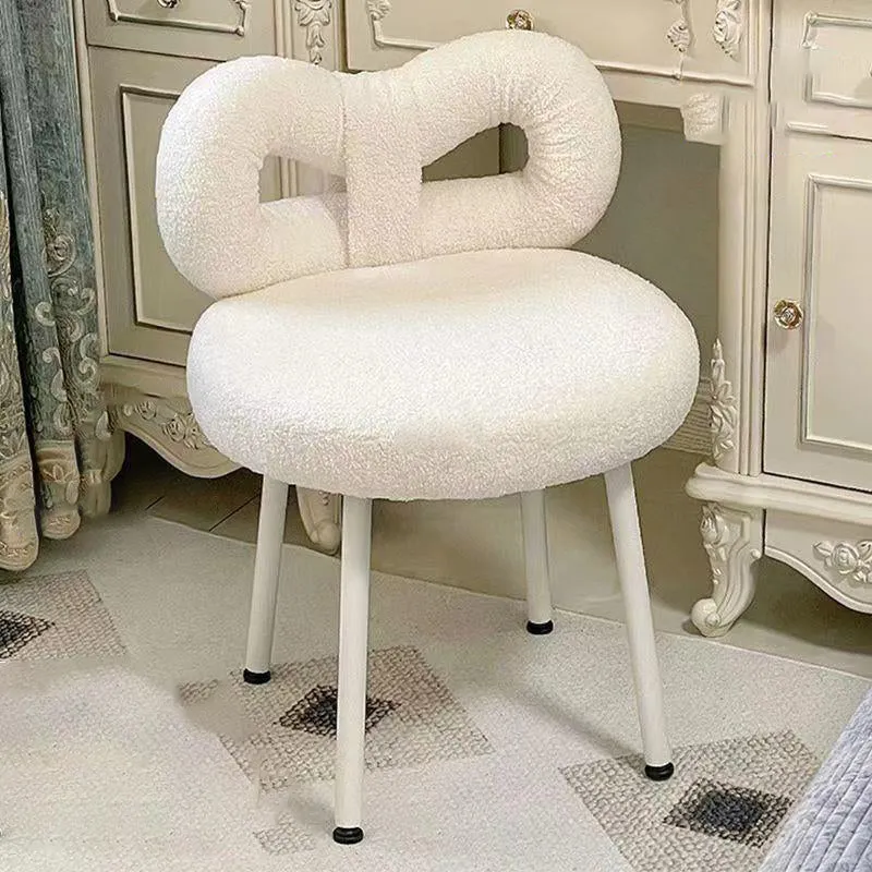 Contemporary Creative Bow Knot Sherpa Fabric Iron Vanity Stool Backrest Armless For Bedroom