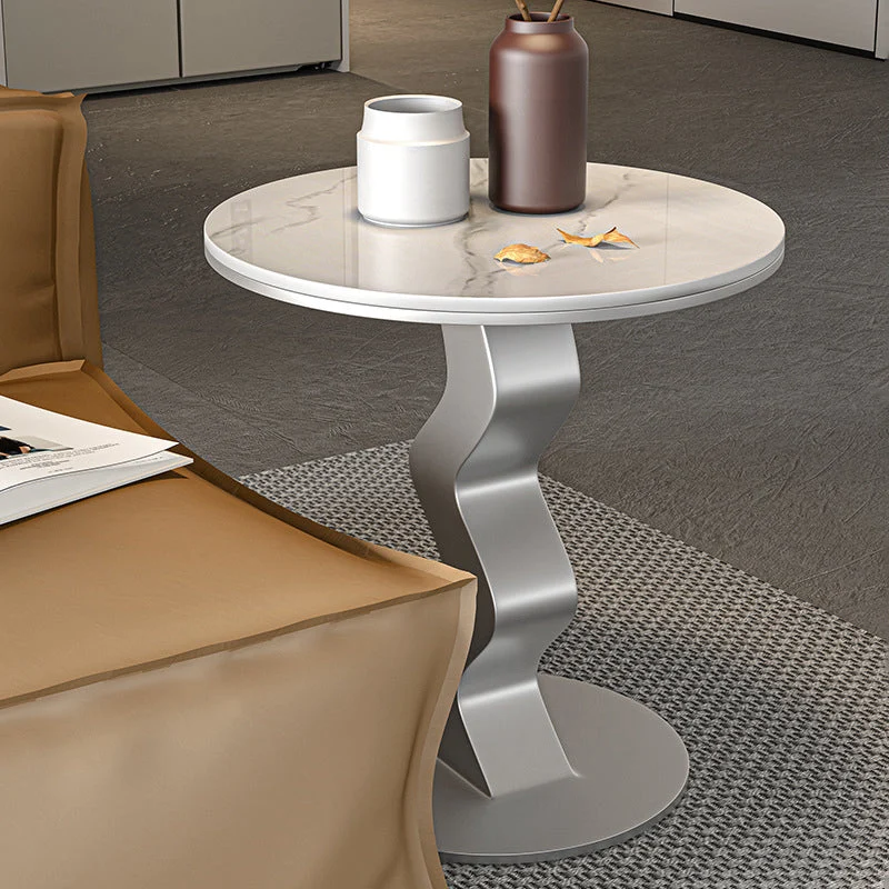 Contemporary Luxury Round Rock Slab Carbon Steel End Table 1-Tier For Living Room