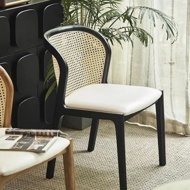 Contemporary Boho Curved Rattan Ash Wood Faux Napa Leather Dining Chair Backrest Armless For Dining Room