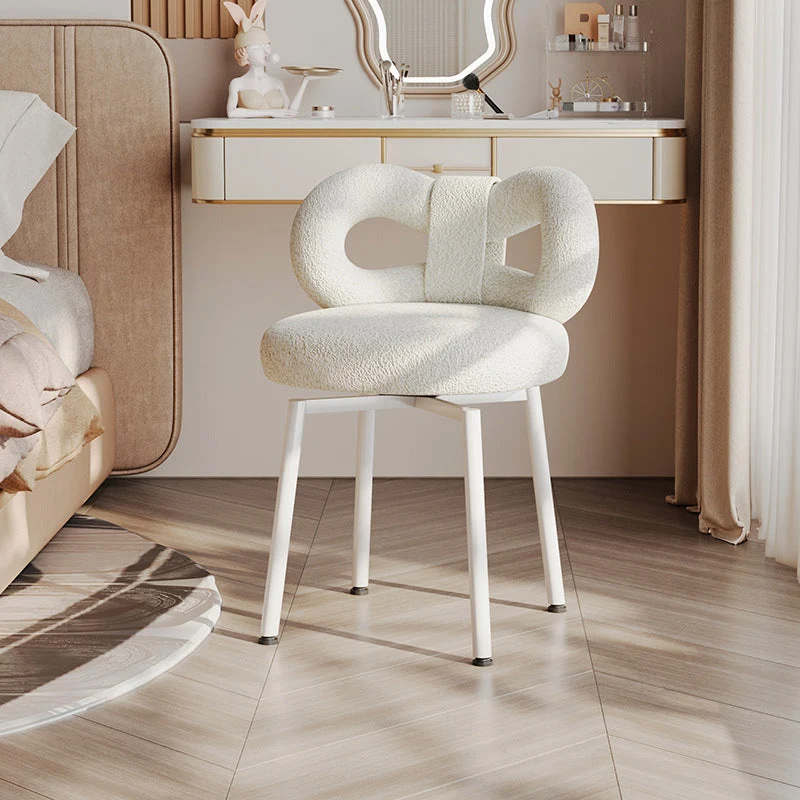 Contemporary Creative Round Upholstered Bow Sherpa Fabric Iron Plywood Vanity Stool Backrest For Bedroom