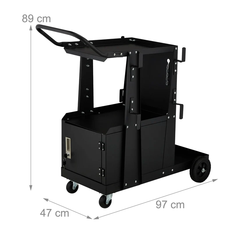 Chariot de soudure mobile avec 3 niveaux et compartiment verrouillable atelier garage 80 x 50 x 90 cm en acier noir 13_0016172