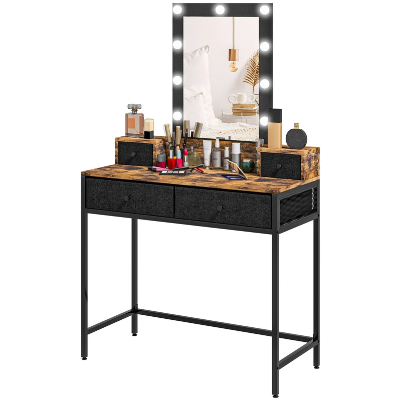 Coiffeuse maquillage miroir éclairé réglable 90 x 40 x 148 cm 4 tiroirs rangement moderne industriel en mélamine marron 21_0001608