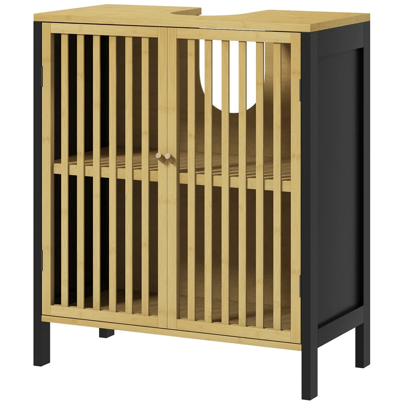 Meuble sous vasque 2 portes 60 x 30 x 70 cm étagère réglable découpe siphon gain de place utile contemporain en MDF noir 21_0002011