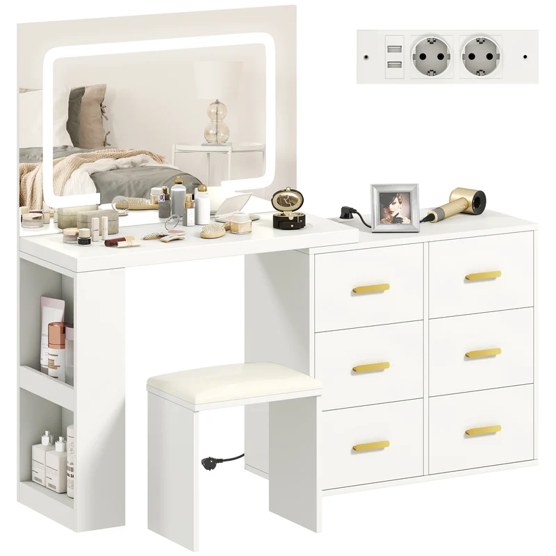 Coiffeuse miroir avec tabouret 118 x 78 x 135 cm éclairage led réglable rangement 6 tiroirs moderne épuré en MDF blanc 21_0003730