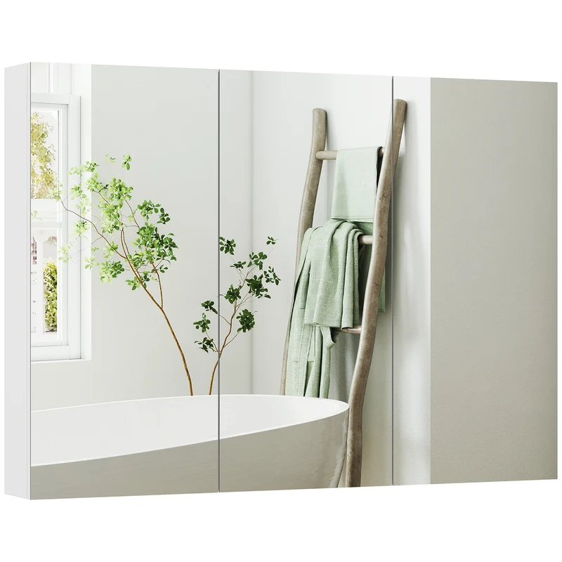 Armoire murale salle de bain miroir triple 91.5 x 11.5 x 65 cm étagères réglables rangement moderne compact en MDF blanc 21_0002096