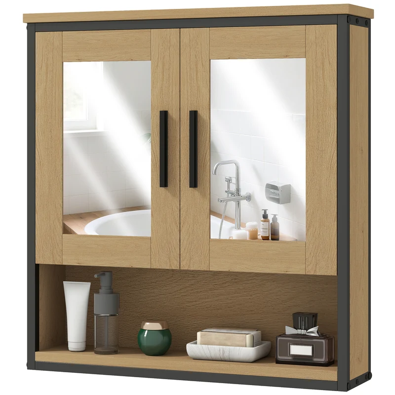 Armoire murale salle de bain 56 x 13 x 60 cm miroir double étagère réglable industriel contemporain en mélamine chêne 21_0002752