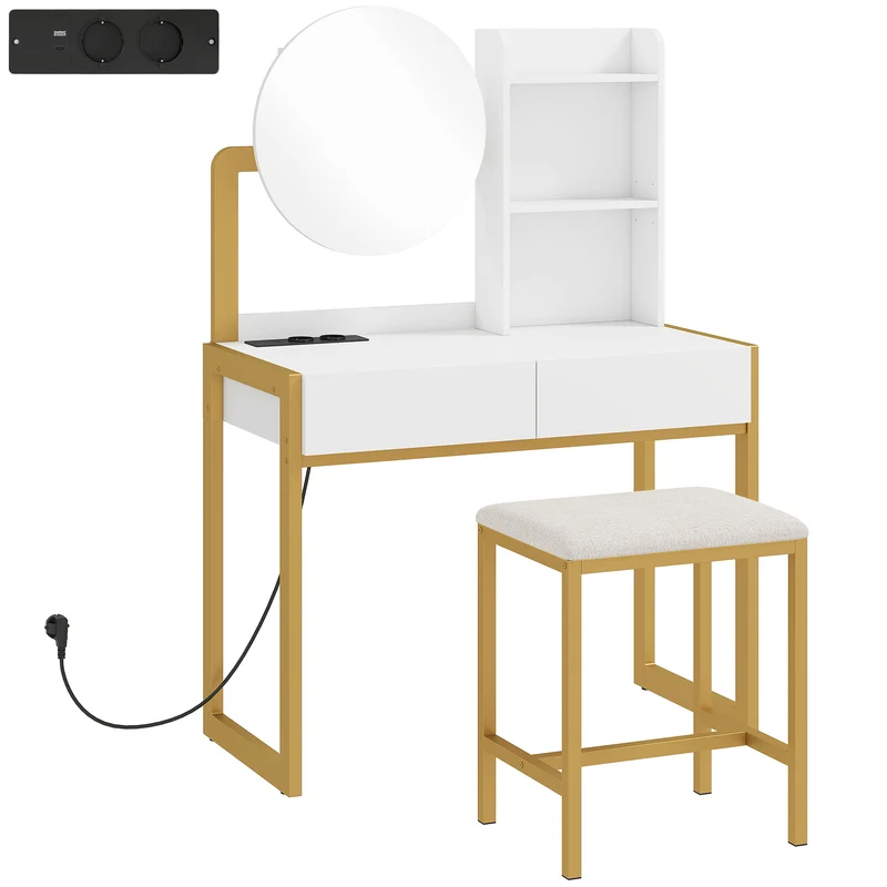 Coiffeuse miroir et tabouret 80 x 42 x 130 cm station de charge et rangements moderne en panneaux de particules blanc 21_0003792