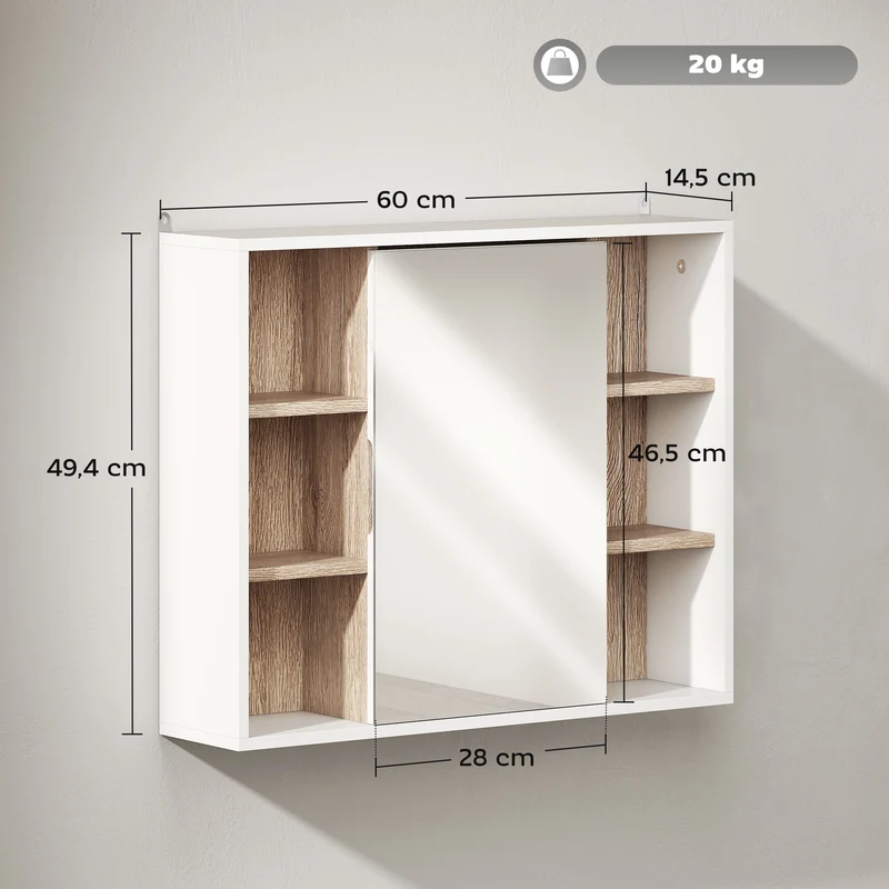 Armoire murale salle de bain 60 x 14,5 x 49,4 cm miroir intégré rangement 6 casiers contemporain épuré en MDF blanc 21_0001867