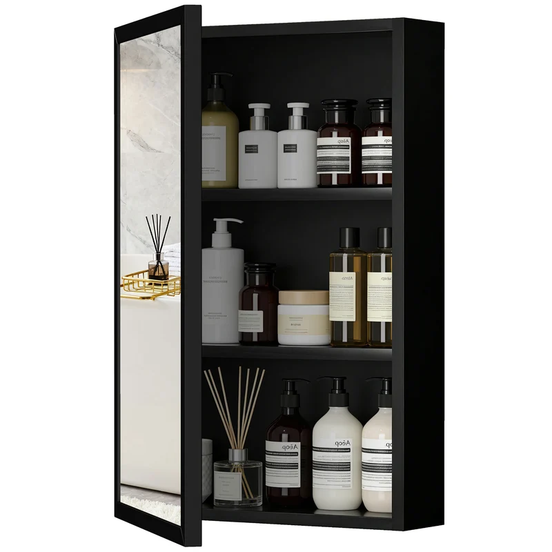 Armoire miroir salle de bain 40 x 12 x 60 cm rangement gain de place 2 étagères contemporain en acier inoxydable noir 21_0001939